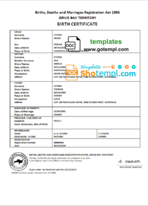 Australia Jervis Bay territory birth certificate template in Word and PDF format