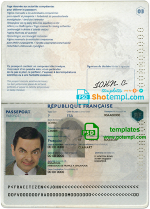 France passport template in PSD format, fully editable