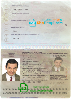 Italy passport template in PSD format, fully editable, with all fonts