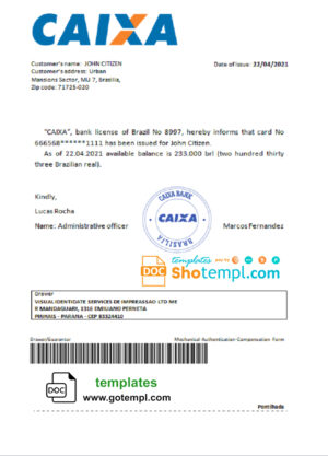Brazil Caixa bank account balance reference letter template in Word and PDF format