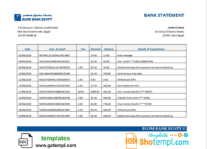 Egypt Blom Bank of Egypt proof of address statement template in Word and PDF format (.doc and .pdf)