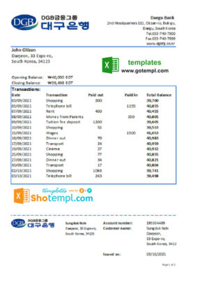 South Korea Daegu bank statement easy to fill template in Excel and PDF format
