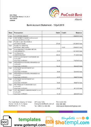 Albania ProCreditBank proof of address bank statement Word and PDF template, .doc and .pdf format
