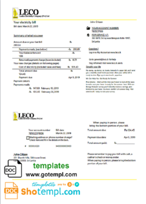 Sri Lanka LECO Company electricity utility bill template in Word and PDF format