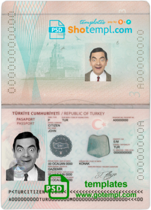 Turkey passport template in PSD format, fully editable, +editable PSD photo look (2018 – present)