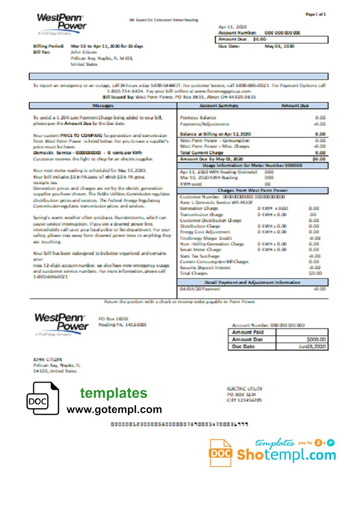 USA Pennsylvania West Penn Power Utility Bill Template In Word And PDF 