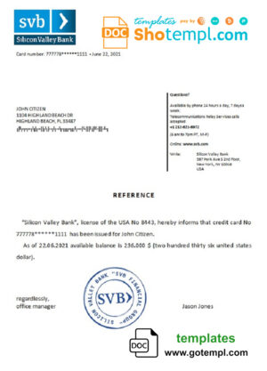 USA Silicon Valley Bank bank account balance reference letter template in Word and PDF format