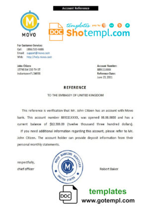 USA Movo bank account balance reference letter template in Word and PDF format
