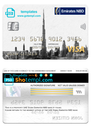 UAE Dubai Emirates NBD bank visa classic card, fully editable template in PSD format