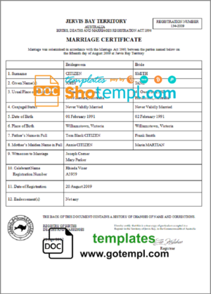 Australia Jervis Bay Territory marriage certificate template in Word and PDF format