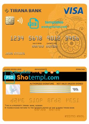 Albania Tirana bank visa card template in PSD format