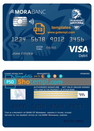 Andorra Morabank visa debit card template in PSD format