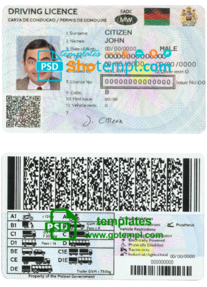 Malawi driving license template in PSD format, fully editable