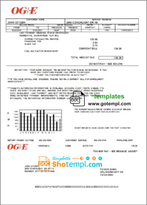 USA Oklahoma OGE Energy utility bill template in Word and PDF format