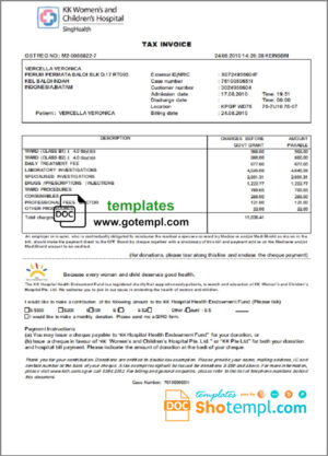 Singapore KK Women’s and Children’s Hospital tax invoice template in .doc and .pdf format