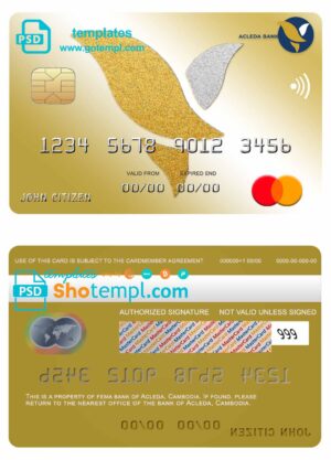 Cambodia Acleda bank mastercard credit card template in PSD format, fully editable