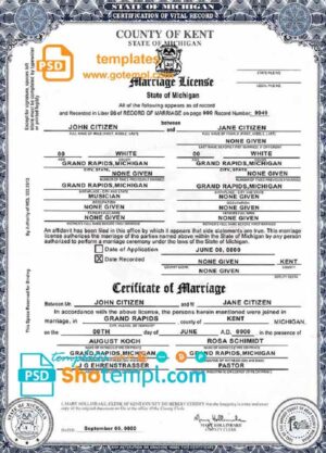 USA state Michigan Kent County marriage certificate template in PSD format, version 2