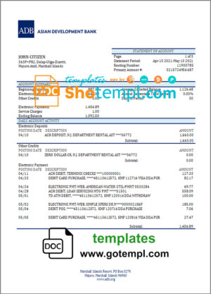 Marshall Islands ADB bank statement template in Word and PDF format
