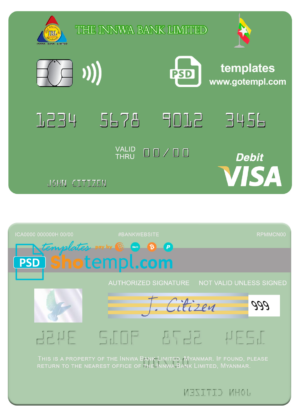 Myanmar Innwa Bank Limited visa debit card, fully editable template in PSD format