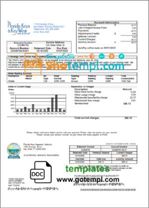 USA Florida Florida Keys utility bill template in Word and PDF format
