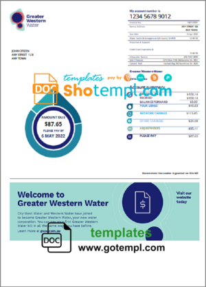 Australia Greater Western Water utility bill template in Word and PDF format