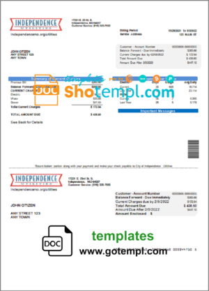 USA Missouri Independence Utilities utility bill template in Word and PDF format