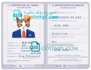 Bolivia cat (animal, pet) passport PSD template, completely editable