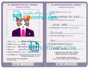 Canada cat (animal, pet) passport template in PSD format, fully editable