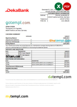 Germany Dekabank bank statement Excel and PDF template