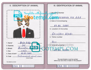 Saint Kitts and Nevis cat (animal, pet) passport PSD template, fully editable