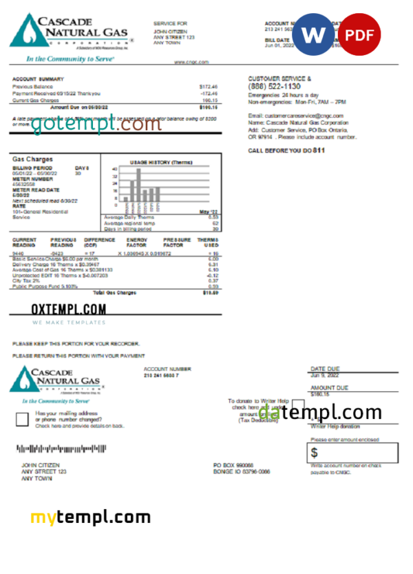 USA Cascade Natural Gas Utility Bill Word And PDF Template SHOTEMPL 