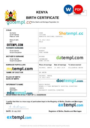 Kenya vital record birth certificate Word and PDF template, completely editable