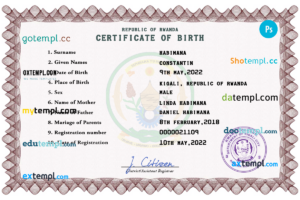 Rwanda birth certificate PSD template, completely editable