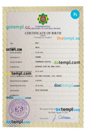 Turkmenistan vital record birth certificate PSD template, fully editable