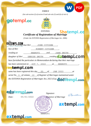 Estonia marriage certificate Word and PDF template, fully editable