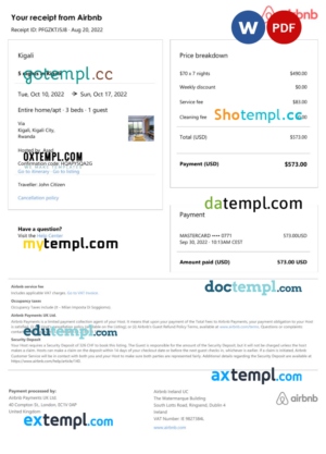 Rwanda Airbnb booking confirmation Word and PDF template