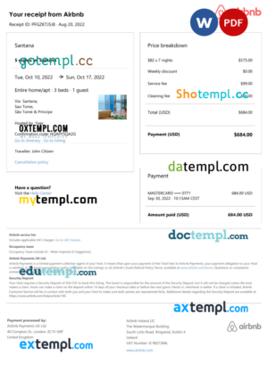 Sao Tome and Principe Airbnb booking confirmation Word and PDF template
