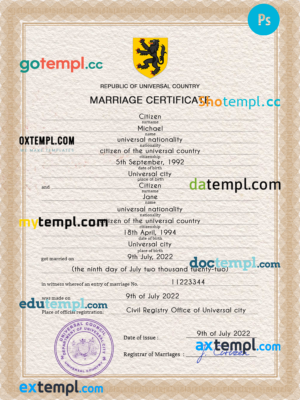 # stock universal marriage certificate PSD template, fully editable