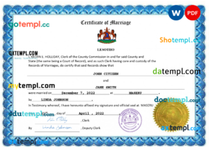 Lesotho marriage certificate Word and PDF template, fully editable