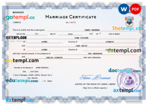Liberia marriage certificate Word and PDF template, completely editable