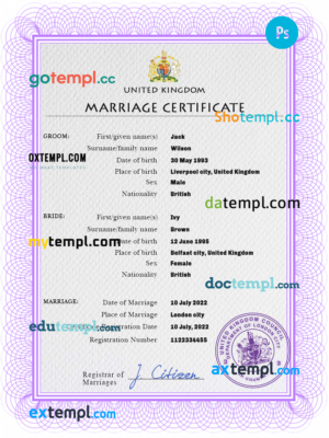 United Kingdom marriage certificate PSD template, fully editable