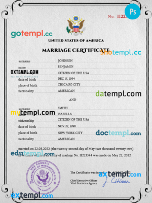 United States of America marriage certificate PSD template, completely editable