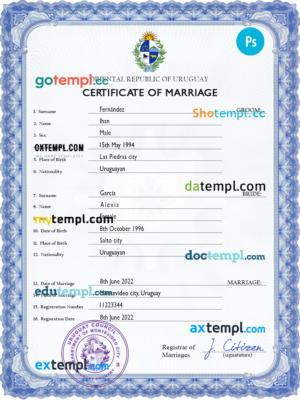 Uruguay marriage certificate PSD template, fully editable