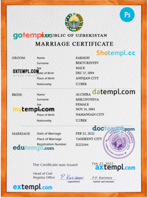 Uzbekistan marriage certificate PSD template, completely editable