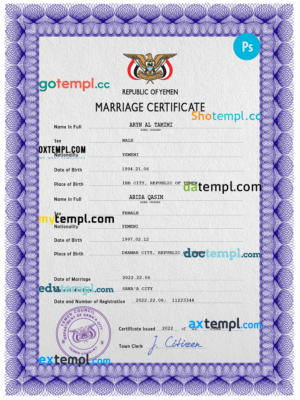 Yemen marriage certificate PSD template, completely editable