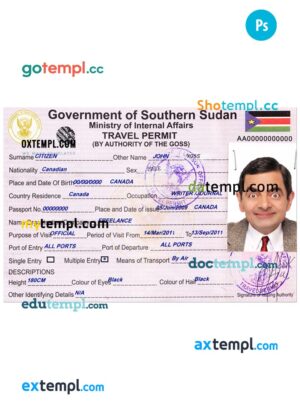 SOUTH SUDAN travel permit – visa PSD template, completely editable, with fonts