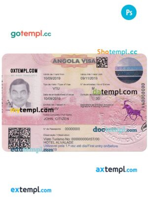 Angola entry visa PSD template, completely editable, with fonts