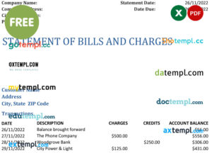 bank statement of bills and charges, Excel and PDF template