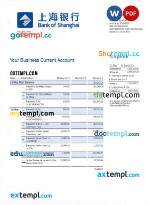 BANK of Shanghai firm account statement Word and PDF template