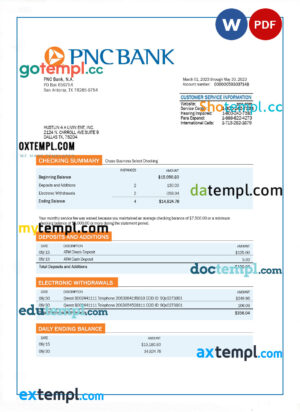 PNC Bank firm checking account statement Word and PDF template